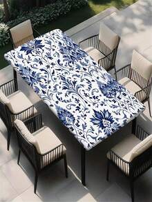 1 pieza Mantel elástico con estampado floral de porcelana azul y blanco, cubierta de mesa rectangular impermeable y resistente a las manchas, adecuada para patio, jardín, comedor al aire libre, decoración de cocina del hogar, protector de mesa bohemio y retro - A - Ver 14