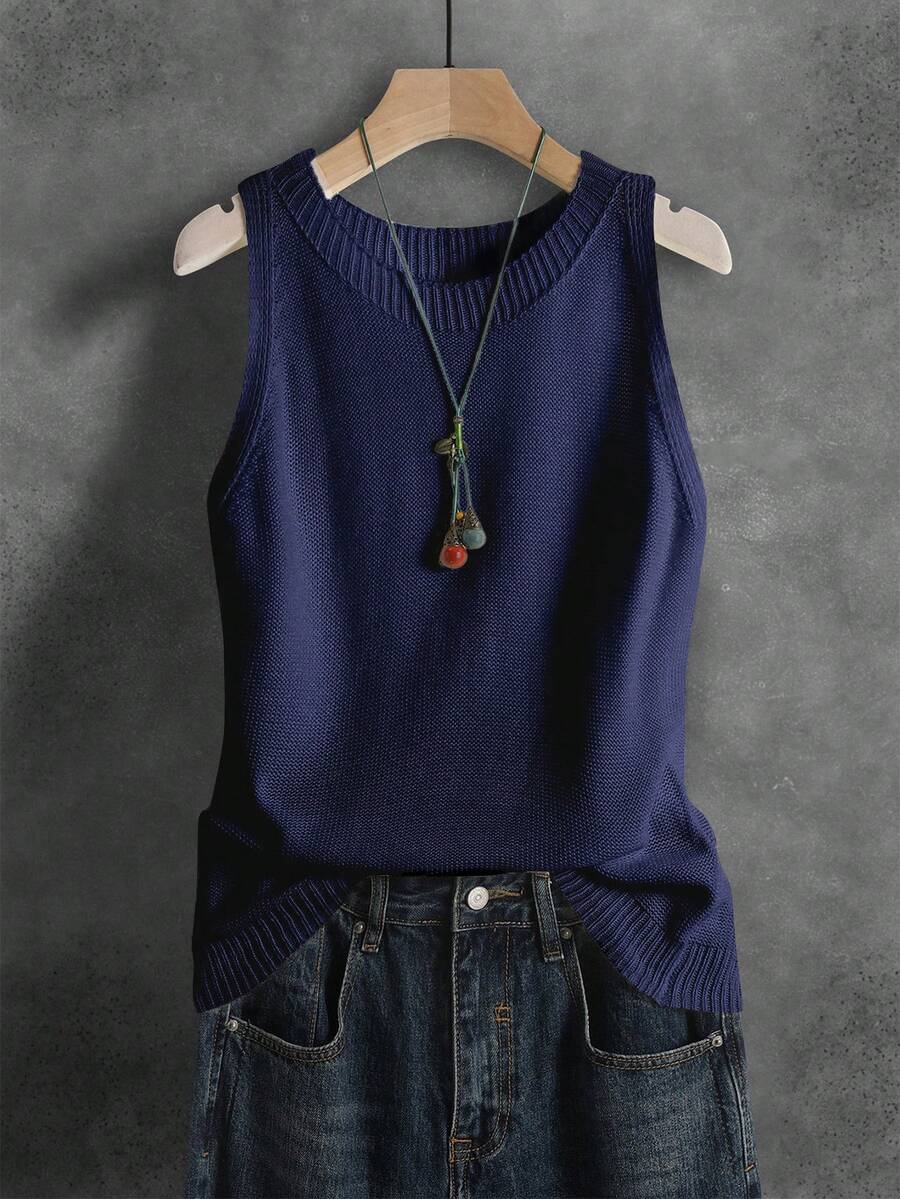 Women's Knitted Vest, Casual French Retro Literary Solid Color Camisole, Versatile Daily Wear Layering Cropped Sleeveless Knit Top, Spring & Summer