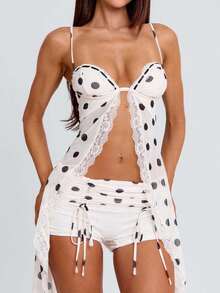 Women's Polka Dot Print Lace Trim Ruched Drawstring Waist Mini Swim Shorts, Low Rise 2026 Summer Beach Vacation Swimwear Board Shorts - Blanco marfil - Ver 3