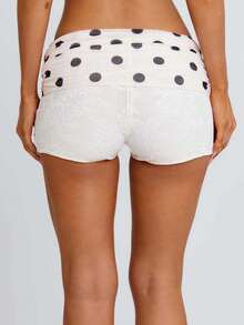 Women's Polka Dot Print Lace Trim Ruched Drawstring Waist Mini Swim Shorts, Low Rise 2026 Summer Beach Vacation Swimwear Board Shorts - Blanco marfil - Ver 7