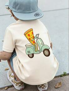 1件婴儿/幼儿男童创意卡通图案字母标语印花基本款圆领短袖T恤，休闲时尚 - 杏色 - 查看 2