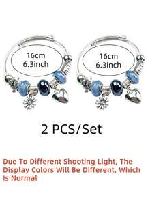 1pc/2pcs Unisex Couple's Fashion Alloy Cubic Zirconia Beaded Heart & Daisy Charm Adjustable Bracelet, Jewelry Gift For Daily Wear - Màu xanh nhạt - Xem 8