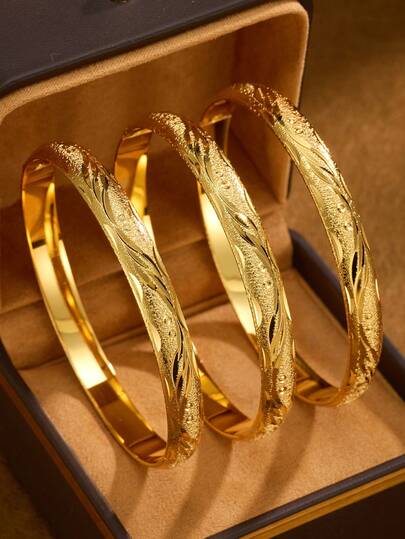 1/3/6pcs Traditional 24K Gold Plated Handcrafted Wave Bangle Bracelet, Suitable For Women's Daily Wear And Gift, No Box Included