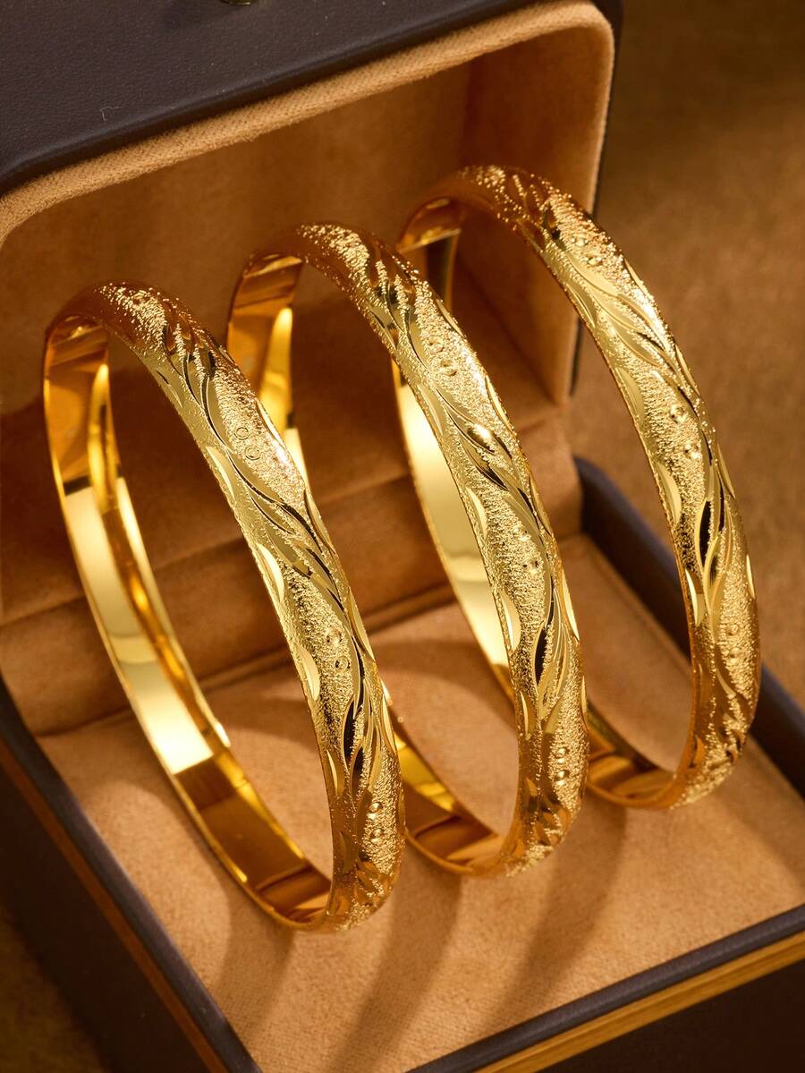 1/3/6pcs Traditional 24K Gold Plated Handcrafted Wave Bangle Bracelet, Suitable For Women's Daily Wear And Gift, No Box Included - Yellow Gold - View 1