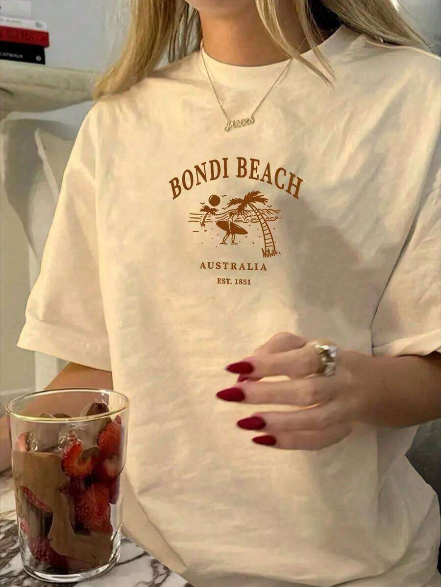 1 Piece Fashion Casual For Men And Women: Women's Summer Short-Sleeved T-Shirt, Casual And Loose Style, With An Australian Bondi Beach Print, For Everyday Wear And Street Style. Casual And Urban Summer Tops For Women, Cute Beach T-Shirts, Summer Tops For Women, Summer Going-Out Tops. Versatile, Easy To Match, Suitable For Daily Wear, Street Style, Vacation Outfits, Weekend Outfits. - 杏子 2 - 查看 1