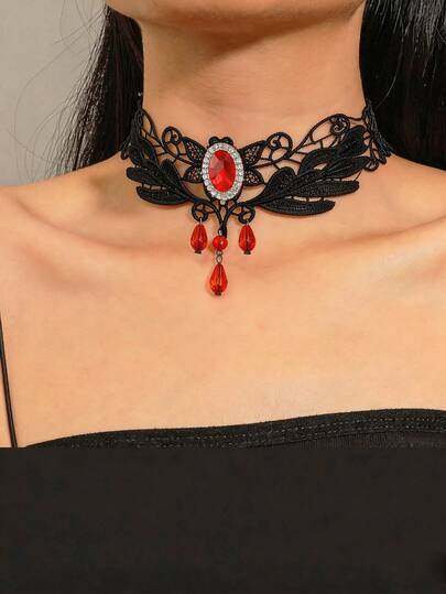 1 chiếc vòng cổ choker ren cổ điển phong cách Gothic dành cho nữ, đính đá ruby và tua rua, dây chuyền ngắn đeo quanh xương đòn có thể cá nhân hóa.