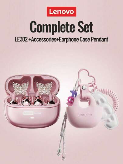  Lenovo LE302 Fashionable Bluetooth Headset Combo With Butterfly Earphone Accessories And Protective Case, Clip-On Earphones With Surround Sound, High-Quality Audio, Low Latency, ENC Noise Cancellation, Comfortable Wear, Suitable As Stylish Earring Accessory And Gift For Women