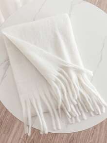 1pc Solid Color Scarf, Warm Neck Wrap, Thick Knitted Fringed Shawl, Winter Scarf - White - View 6