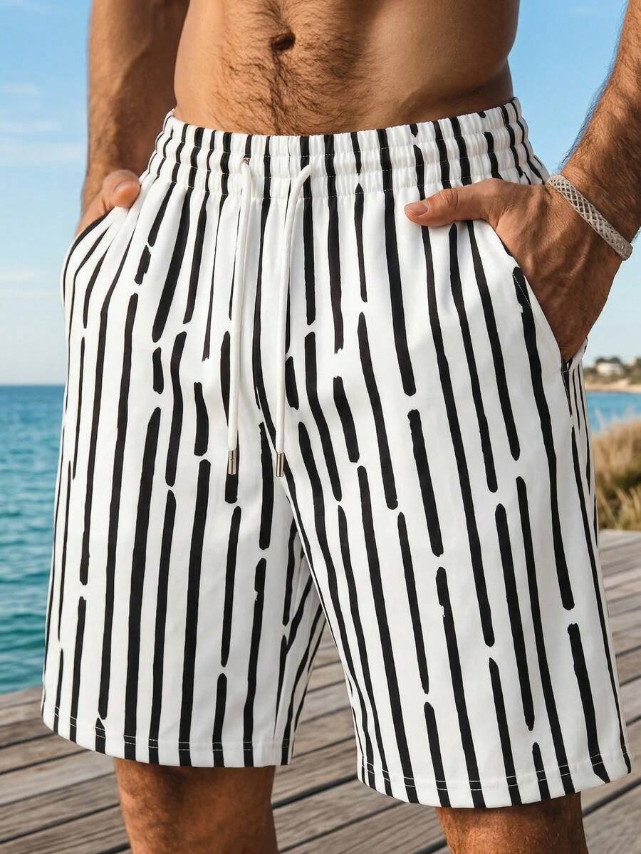 Men's Striped Pocket Drawstring Waist Casual Beach Shorts, Summer - Black and White - View 1