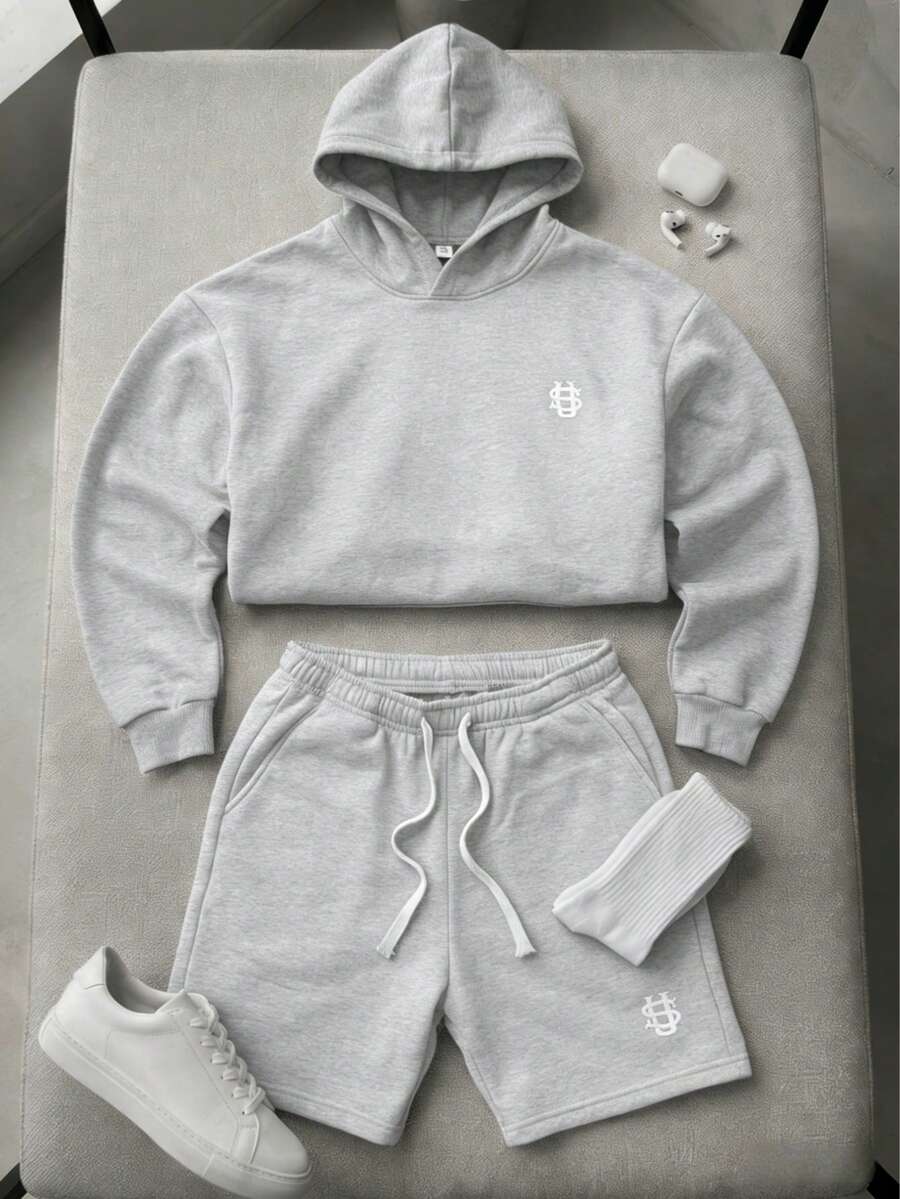 2pcs Men's Casual Hooded Sweatshirt Set, Fitness Suit, Shorts Set, Unisex, Suitable For Daily Wear & Home, 2 Piece Set, Couples, Embroidered - Light Grey - View 1