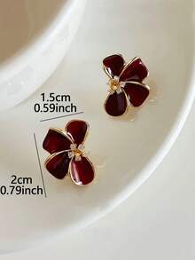 1 Pair Minimalist Oil Drop Flower Stud Earrings Suitable For Women's Daily Wear And Gatherings - Burgundy - View 3