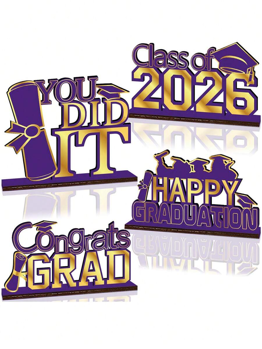 4 pezzi Set decorativo per laurea 2026 viola e oro, Congratulazioni laureato, decorazione da tavolo in legno, centrotavola per cerimonia di laurea, decorazione per evento di ritorno a scuola - Multicolore 1 - Visualizzare 1