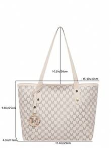 Fashionable Metal Letter Pendant Decor, Large Capacity Multi-Purpose Diamond Floral Pattern Tote Bag, Casual Shoulder Bag For Women - Beige - View 2