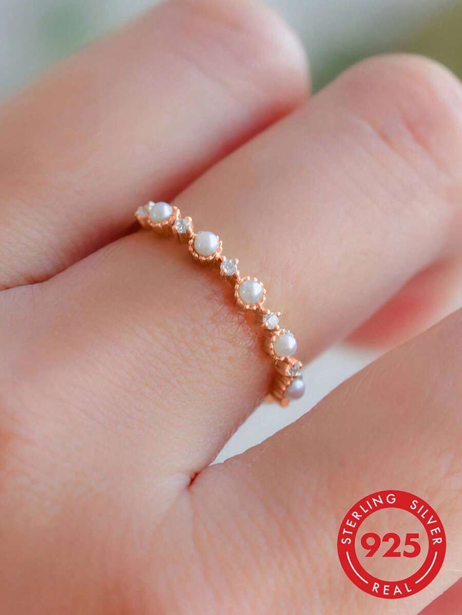 BALMORA 1 chiếc nhẫn ngọc trai tối giản bằng bạc Sterling S925, nhẫn nữ nhỏ nhắn, tinh tế, mạ vàng đính đá Cubic Zirconia.