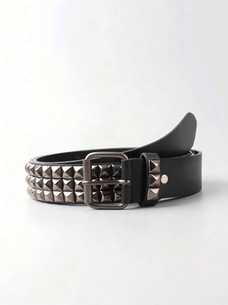 1pc Men's Gothic Rivet Buckle PU Leather Belt, Metal Square Stud Pyramid Belt, Birthday/Holiday Gift - Gun Black - View 1