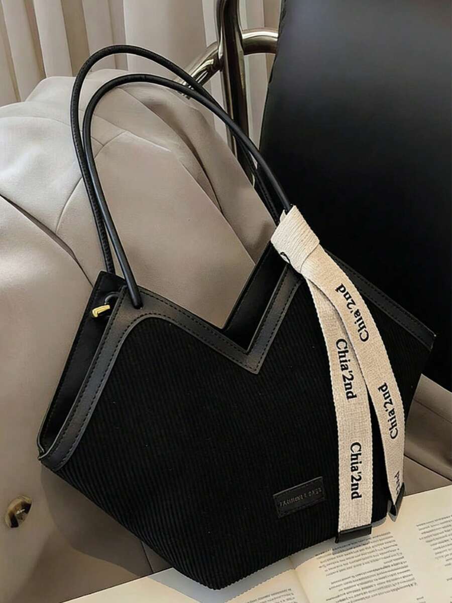 New Fashion Striped Canvas Material, PU Edging, Open Design, Large Capacity Shoulder Tote Bag, Letter Label Decor, Casual Minimalist Shopping Bag, Fashionable Shoulder Bag, Decorated With Letter Ribbon. Suitable For Daily Shopping, Commuting, Travel And Gatherings.