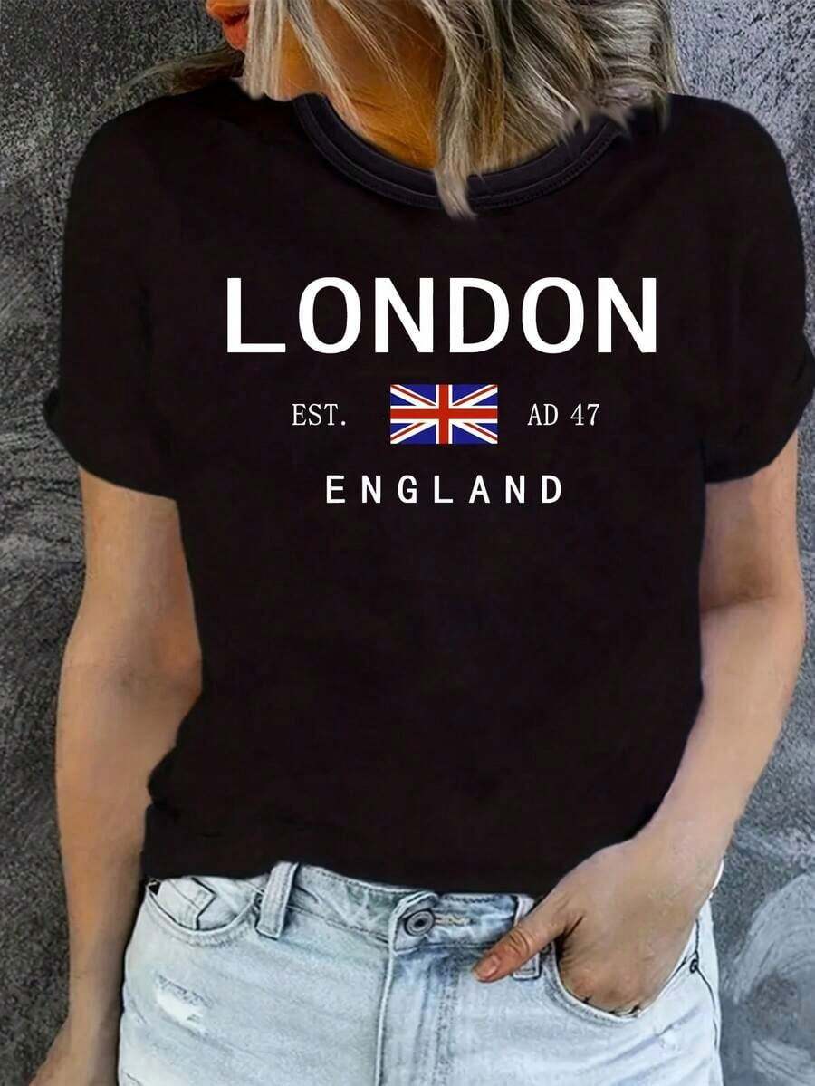 Camiseta Clásica de Mujer con Estampado Union Jack, Cuello Redondo, Manga Corta, Casual, Negra, para Verano - Negro - Ver 1