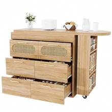 Bar Table With 6 Drawers & PE Rattan Doors, 360° Rotating Standing Table With Anti-Tip Device, Ample Storage Space, Metal Handles, Bistro Table For Living Room, Kitchen, Dining Room, Work Area - 駝色 - 查看 6