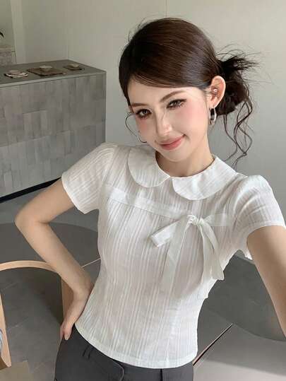 白色短袖女式夏季蝴蝶结修身甜美上衣