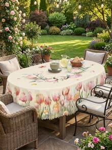 1pc Elegant Tulip & Floral Print Tablecloth, Durable Polyester Tablecloth With Ruffled Edges, Stain-Resistant Waterproof Washable Wrinkle-Free Table Cover, Suitable For Various Occasions Like Spring Holidays, Thanksgiving Dinner, Patio Parties, Home Decor, Essential Dining Table And Kitchen Dining Accessory, Home Decor Tablecloth, Wedding Tablecloth, Wedding Table Decor, Room Decor, Vintage Decor - Black - View 2