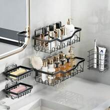 EILM 5-Pack Adhesive Shower Caddy Rustof Stains Steel Bathro Organizer With 28 Hooks No-Drill Large Capacity Black Shower Shelves For Bathro Sage He Decor - 5packstainless Steel Black - View 1