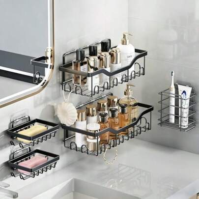 EILM 5-Pack Adhesive Shower Caddy Rustof Stains Steel Bathro Organizer With 28 Hooks No-Drill Large Capacity Black Shower Shelves For Bathro Sage He Decor