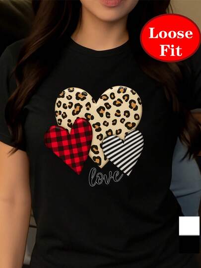 Women's Plus Size Leopard Print Heart T-Shirt - Short Sleeve Round Neck Summer Blouse, -Line Casual Elegant Top With Heart & Leopard Patterns (No Required) - Machine Washable For Hot Weather - Plus Size Friendly