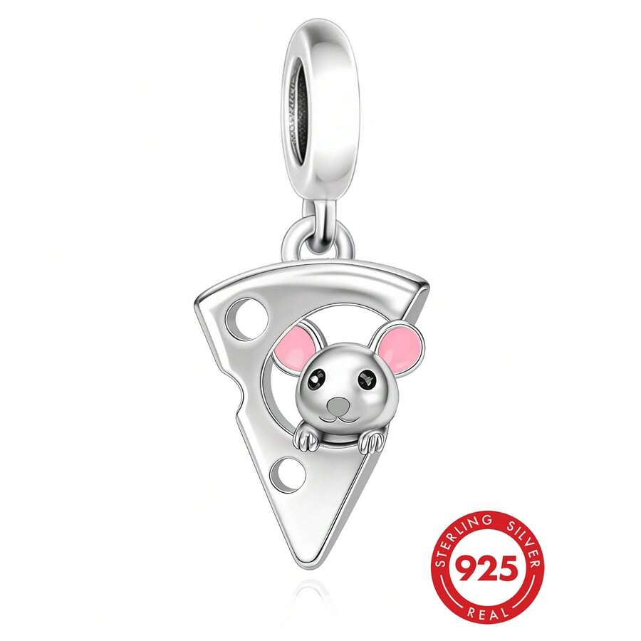 1pc Minimalist 925 Sterling Silver Cheese Shaped Mouse Pendant, Unisex Birthday Gift - Silver - View 1