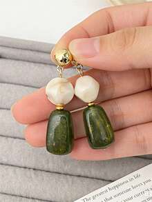 1 Pair Vintage Asymmetrical Square Tie Dye Acrylic Long Pendant Contrast Color Earrings, European And American Style For Party, Banquet, Travel, Wedding, Vacation, Daily Wear Jewelry Gift - Green - View 7