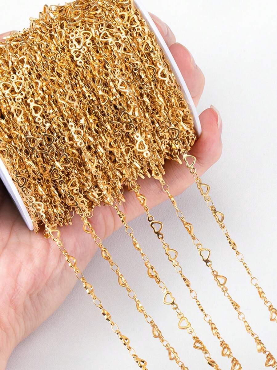 Dây chuyền dài 1m bằng thép không gỉ, hình trái tim rỗng, mạ vàng, có thể dùng để tự làm vòng cổ, vòng tay, lắc chân.