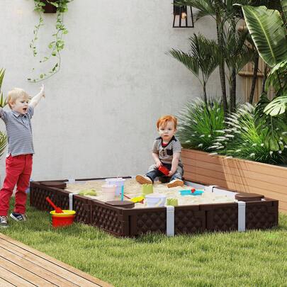 QABA Kids Sandbox With Cover, Rectangular 73" HDPE Large Sand Pit With 4 Seats, Waterproof Bottom Liner, Weather Resistant For Backyard, Lawn, Garden, Beach, Patio, Brown