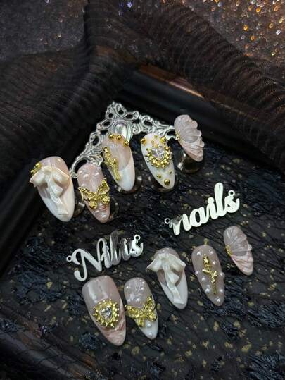 10pcs Almonds Nail Acrylic Kit, White Nails, White French Nails, Hand-Painted Light Brown Blend Tie Dye&3D Transparent Water Ripple, 3D Golden Beads&Golden Bows&Roses&White Bows&Transparent Heart-Shaped Diamonds And Other Nail Accessories Accessories, Exquisite And Sweet Style, Y2K Style Nail Art Set,Suitable For Women And Girls,Festivals,Daily,Party, Gatherings And OtherPlaces Use(Includes: A Piece Of Jelly Glue And A Friction Strip) Nail Stuff