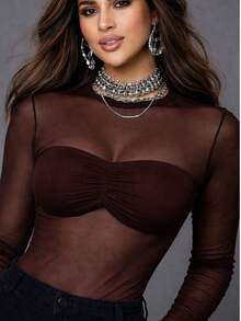 Women's Bodysuit With Transparent Tulle, Long Sleeves, Elegant Fashion - 鏽棕色 - 查看 4