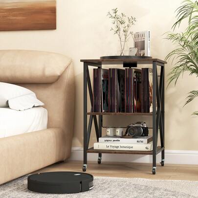  GOFLAME Record Player Stand With Charging Station, Heavy-Duty Metal Turntable Stand With Vinyl Storage Divider, Side Table & Display Cabinet For Bedroom Study