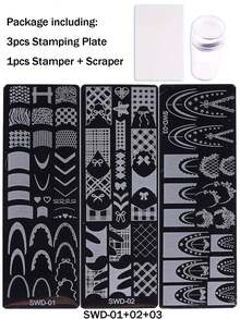 3 Stücke süße Schleifenband Nail Art Stempel Vorlagen, kombiniert mit Nail Stamping Tools, Spitze Rand Französisch Spitze Blumen Nail Schablonen aus Edelstahl, niedliche Accessoires für DIY Nagelstudio Zubehör - Silber - Übersicht 12