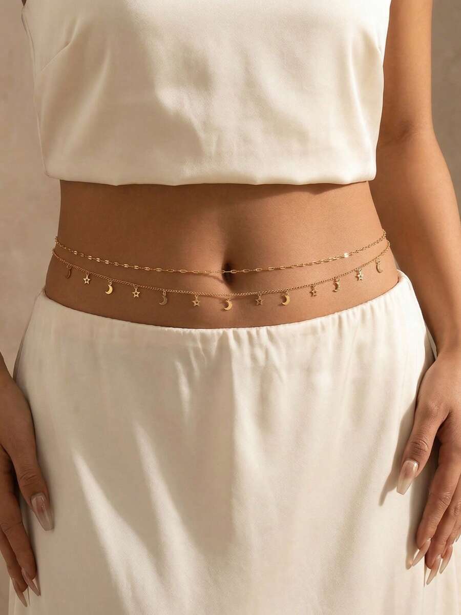 Bộ 2 dây chuyền mạ vàng thời trang, thanh lịch với mặt dây chuyền hình sao và trăng thủ công, thích hợp để đeo hàng ngày, hẹn hò, chụp ảnh, đi nghỉ mát. Chiều dài dây chuyền và số lượng hạt có thể điều chỉnh. - Vàng - Xem 1