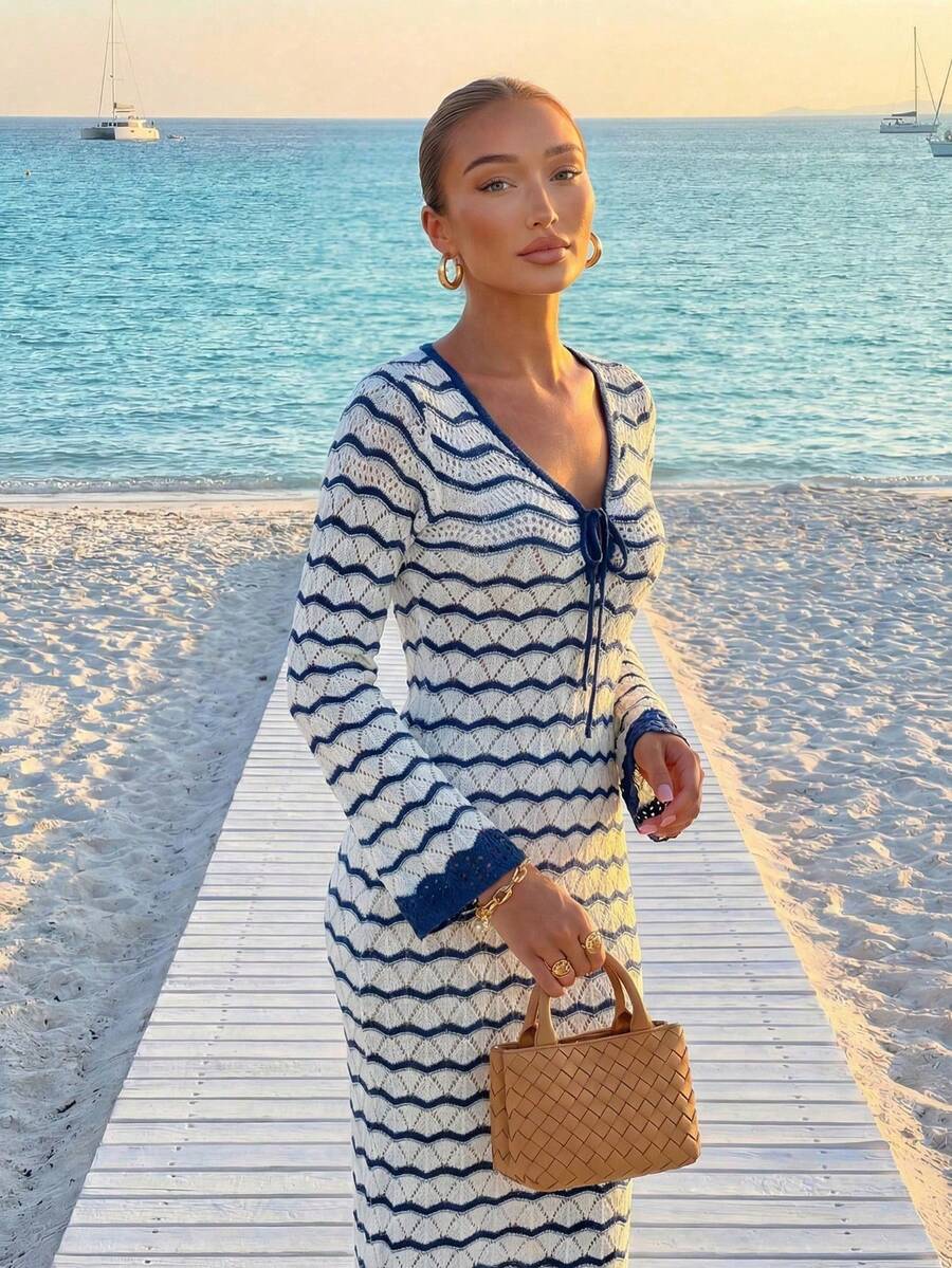 FOR BEAUTY 女士春夏新款镂空长袖罩衫连衣裙，休闲度假风，蓝白条纹深V领长袖连衣裙，沙滩派对，海滩度假，波西米亚风，性感长裙，女士夏季服装