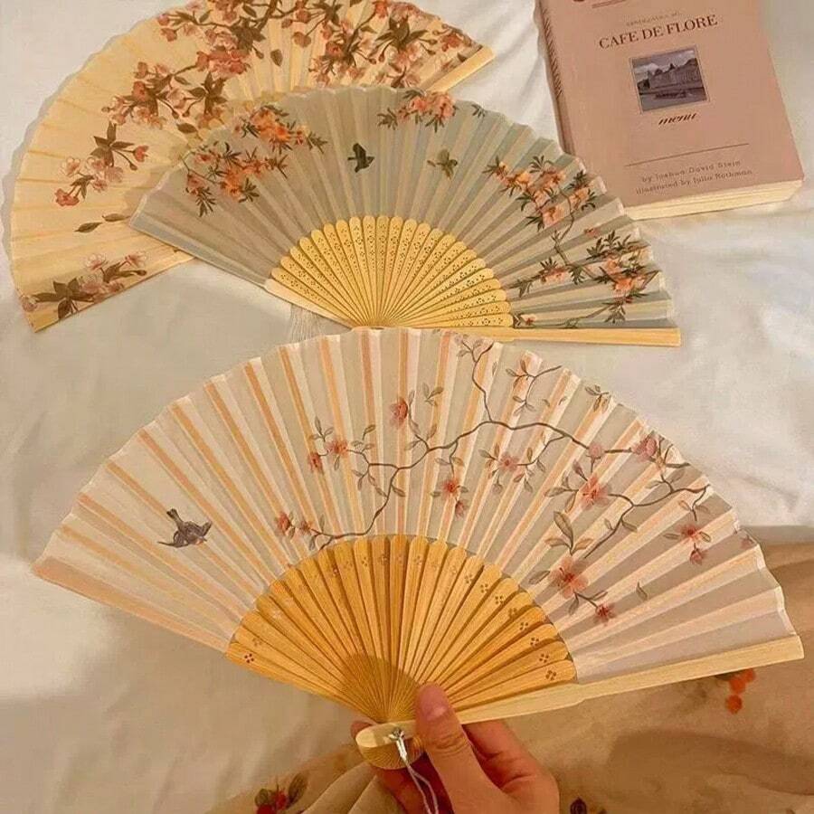 Bộ 1/3 quạt xếp tre, quạt nhỏ kiểu Trung Quốc, quạt hoa tua rua, quạt tre múa cổ truyền, thanh lịch và thoải mái, phong cách sang trọng. - Nhiều màu - Xem 1