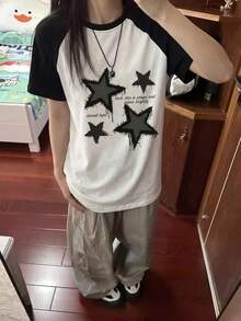 Y2K 前卫可爱星星图案短袖T恤，宽松修身，独立暗黑亚文化设计，百搭街头风夏季学生休闲上衣，白色 - 白色 - 查看 2