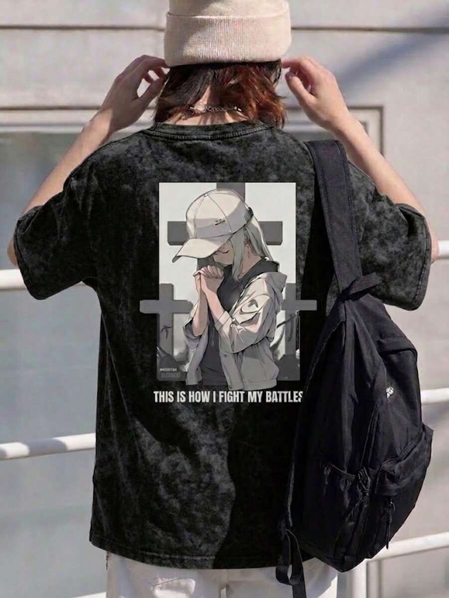 Áo thun dáng regular fit, mềm mại, thoải mái, thích hợp mặc cả ngày, phong cách streetwear Aesthetic Pinterest với hình in cô gái anime cầu nguyện và khẩu hiệu truyền cảm hứng ở mặt sau, màu than chì wash acid. - màu đen - Xem 1