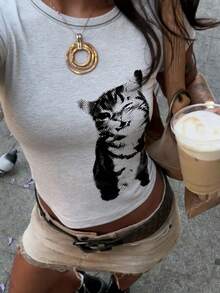 夏季新款简约时尚网纱猫咪插画休闲圆领短袖修身T恤，百搭时尚，适合女性度假穿着 - 深花灰 - 查看 6
