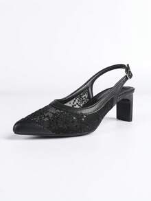 Women's Black Lace Slingback Block Heels, Pointed Toe Mesh Sequin Pumps For Evening Party & Office - Black - View 6