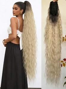 Esta peluca de coleta de 38 pulgadas extra larga, ondulada natural y de color ombre multicolor está hecha de fibra sintética resistente al calor, con un diseño de cordón, muy adecuada para que las damas la usen en fiestas y en la vida diaria. - Multicolor - Ver 12