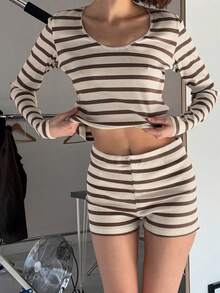 女士两件套睡衣套装，夏季撞色条纹家居服套装 - 杏色 - 查看 3