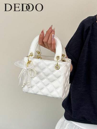 Dedoo Classic Sweet And Cool Rhombus Pattern Mini Handbag, Luxury Girly Style With Grid Bow Decor. This Bag Is Sweet And Exquisite, Casual Tote And Shoulder Bag 2-In-1, Suitable For Dates, Work, Shopping, Afternoon Tea And Other Occasions.
