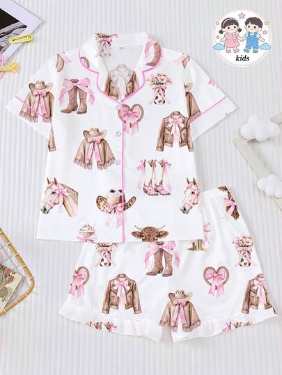 2pcs Tween Girl Pajama Set, Pink Western Cowboy Print, Collared Short Sleeve Shirt And Elastic Waist Shorts, Cute & Fashionable Sleepwear, Suitable For Holiday Party, Casual Home Wear