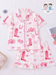 Bộ đồ ngủ 2 món kiểu miền Tây cho bé gái, áo sơ mi cổ bẻ thoải mái, tay ngắn và quần short, thích hợp cho mùa hè, in hình mũ cao bồi, xúc xắc, sao, bướm, phù hợp cho trẻ em và bé gái tuổi teen mặc thường ngày, ở nhà hoặc đi nghỉ mát. - Hồng - Xem 1