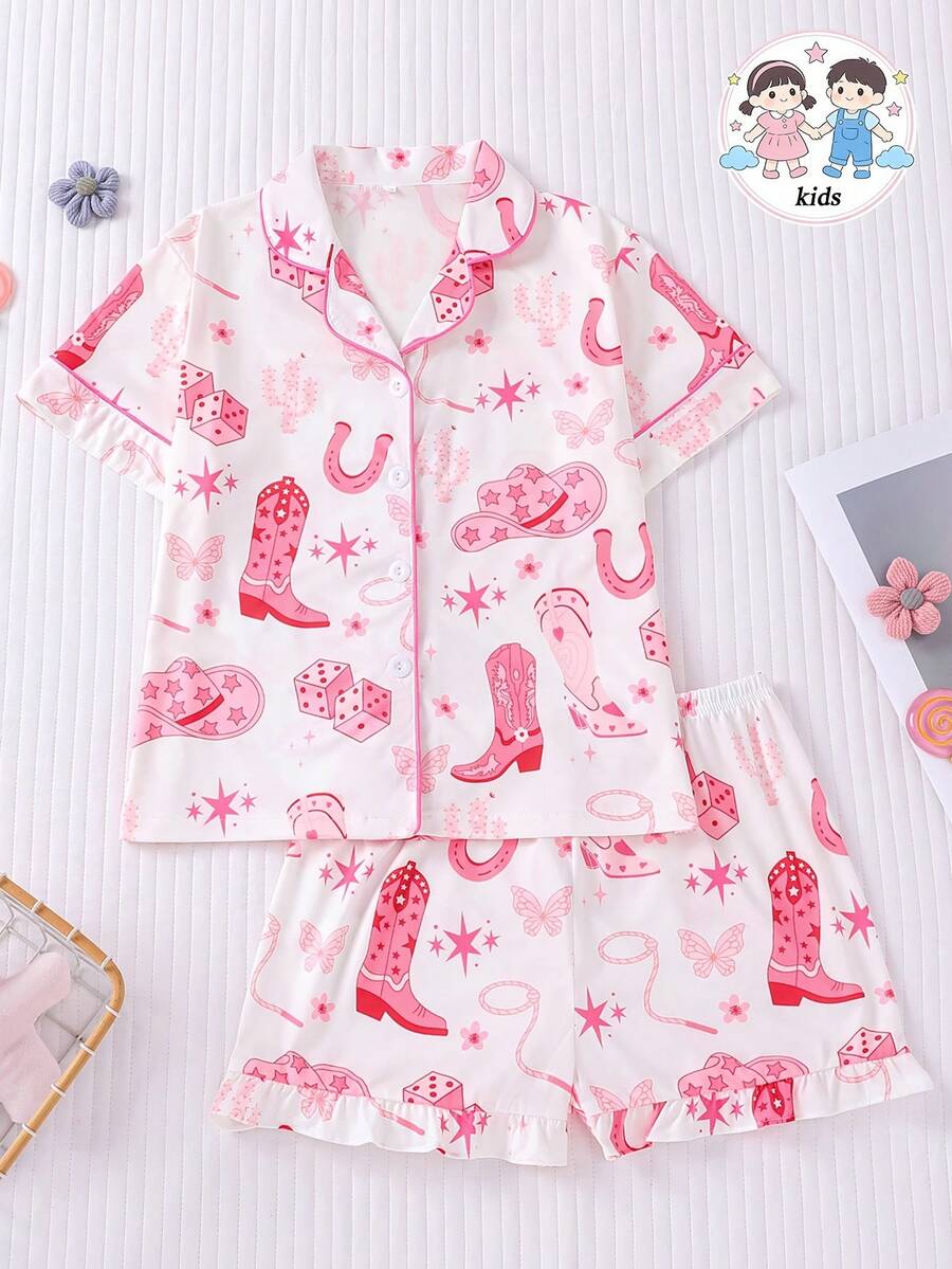 Bộ đồ ngủ 2 món kiểu miền Tây cho bé gái, áo sơ mi cổ bẻ thoải mái, tay ngắn và quần short, thích hợp cho mùa hè, in hình mũ cao bồi, xúc xắc, sao, bướm, phù hợp cho trẻ em và bé gái tuổi teen mặc thường ngày, ở nhà hoặc đi nghỉ mát. - Hồng - Xem 1