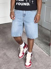 Men's Light Wash Distressed Denim Shorts, Straight Loose Fit Knee Length Inseam, Casual Street Style Versatile Summer Piece - Light Wash - View 2