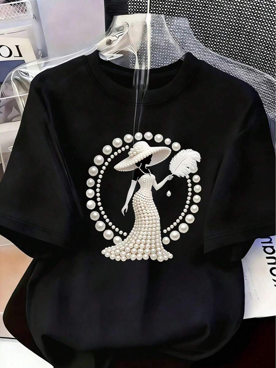 2026新款春夏优雅奢华高端时尚服饰！大码女式印花T恤 - 饰以珍珠和水晶，奢华优雅设计，适合日常休闲穿着，春夏圆领短袖上衣，黑色